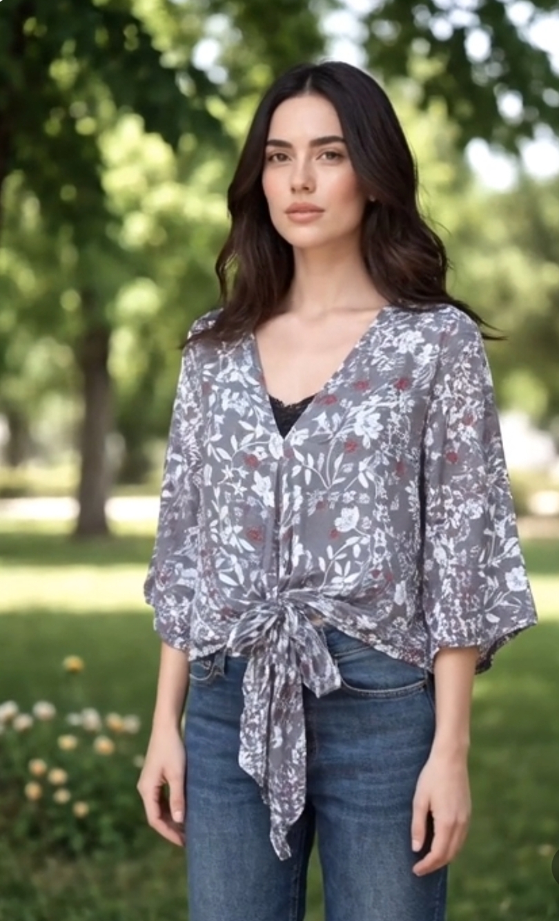 LOVESTITCH Womens Blouse M Grey Multicolor Floral Wrap Long Sleeve Knot Back VG
